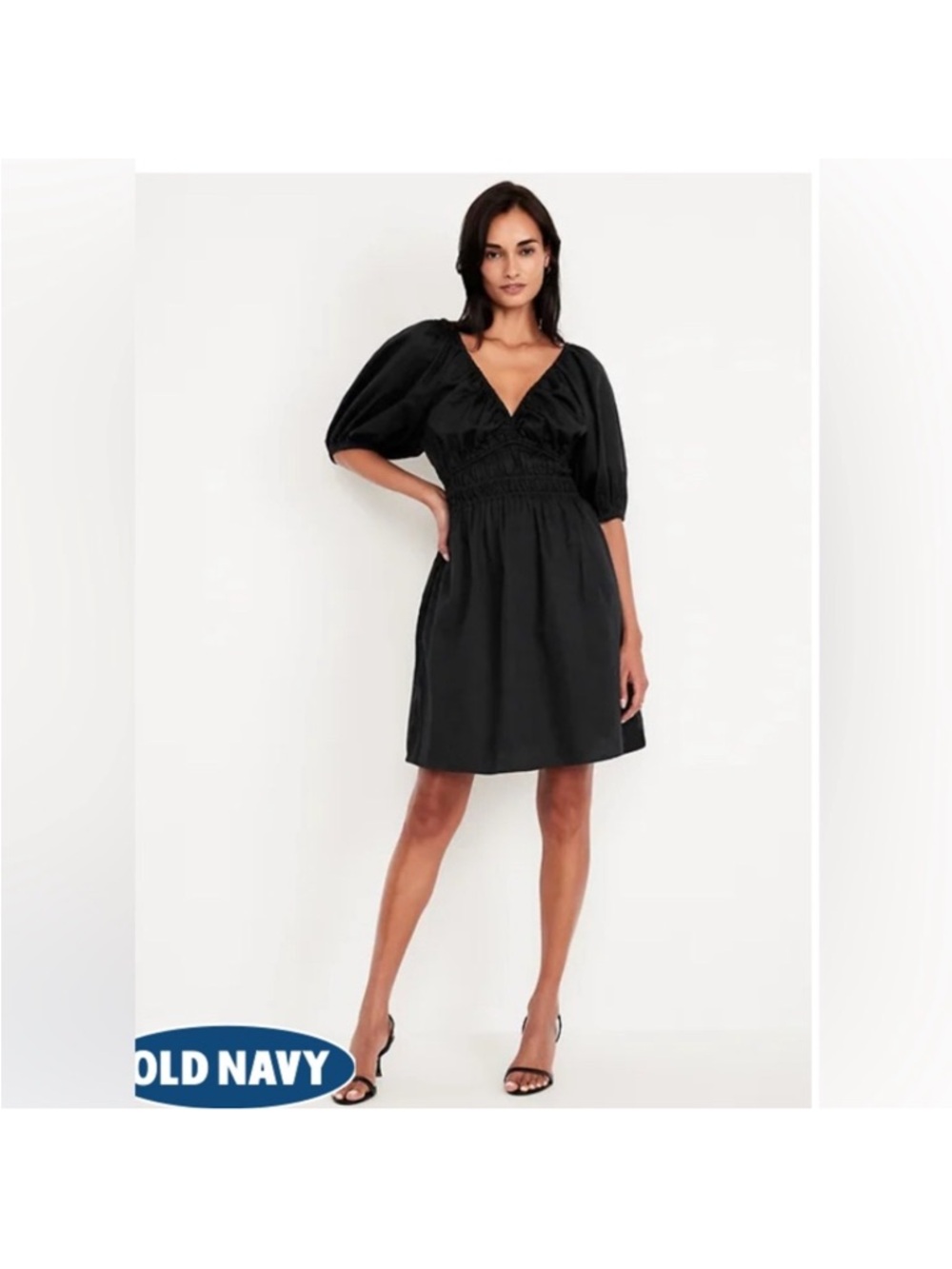 Old Navy Black V-Neck Smocked Waist Cotton Mini Dress with Pockets!